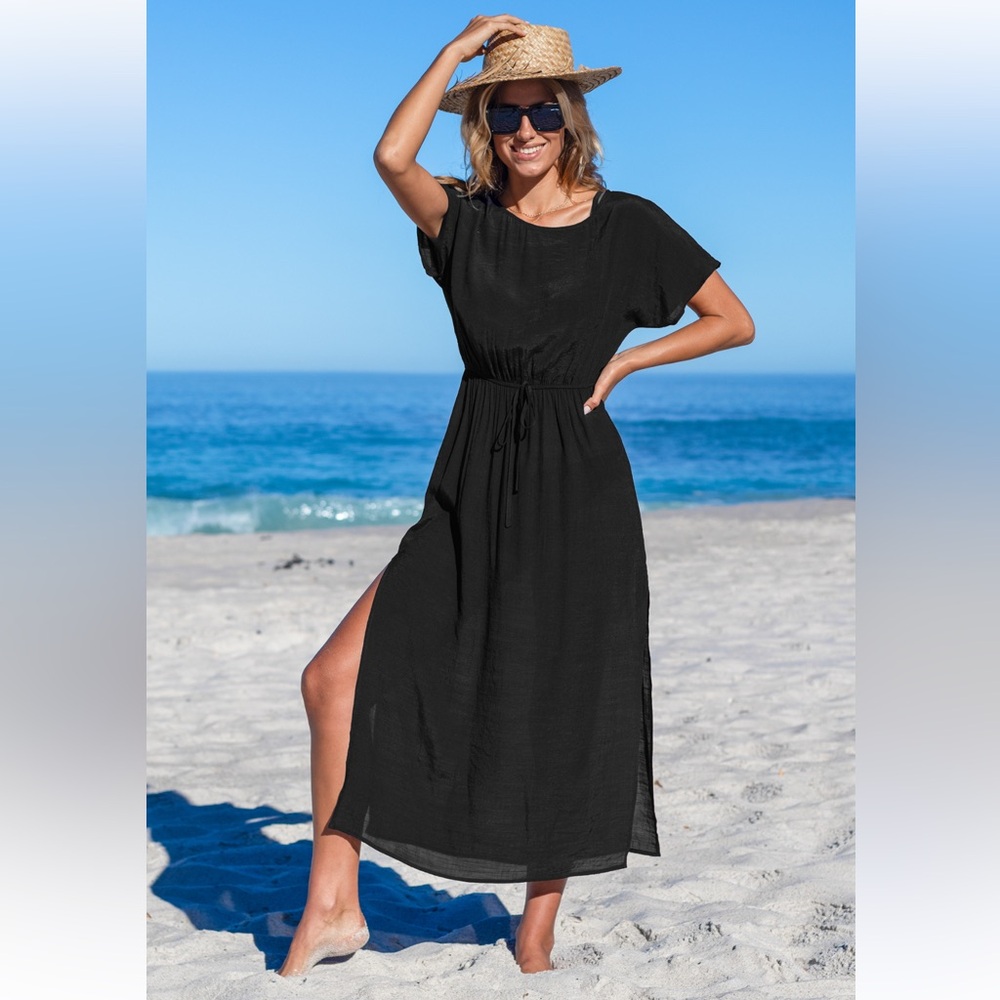 NWT Drawstring Swim Cover-Up Dress Short Sleeve High Split Cover Up Maxi Dre…